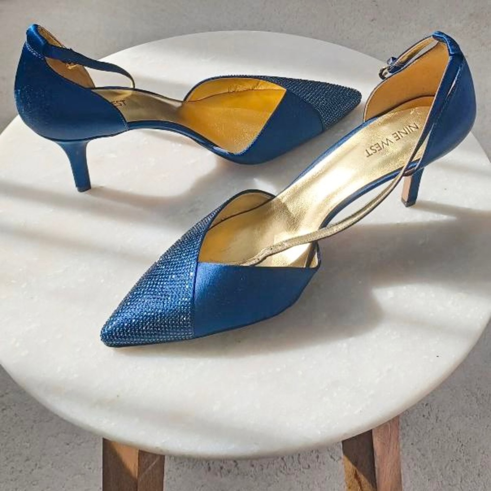 Nine West beaded satin navy cobalt blue pointed toe heel